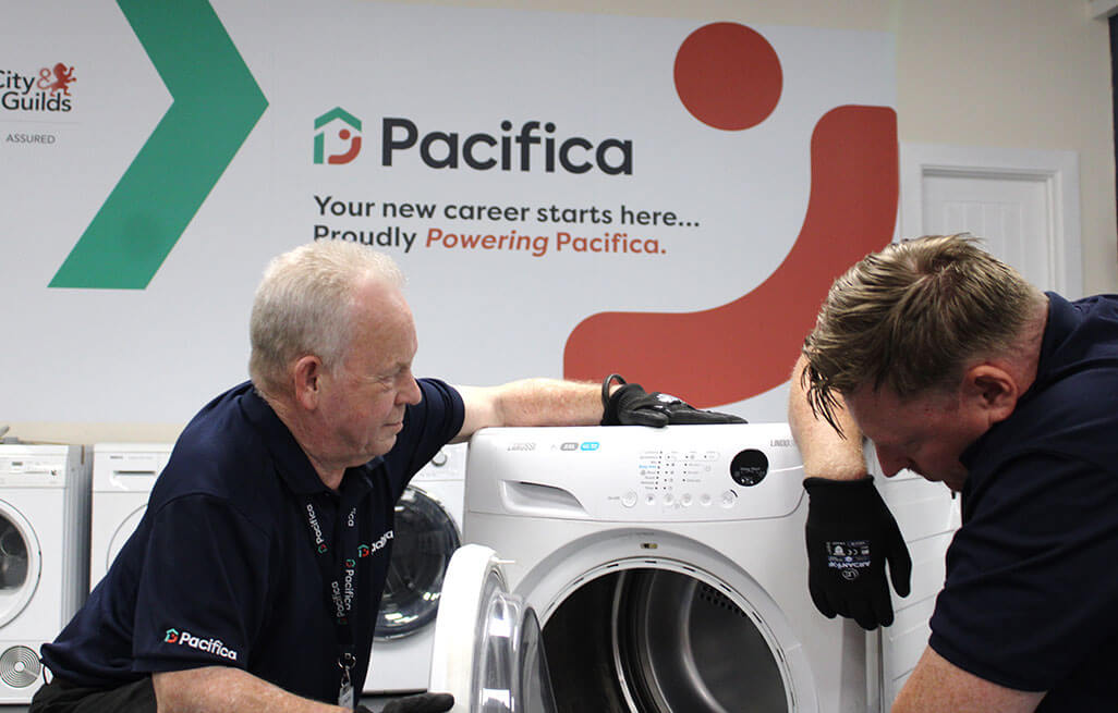 Pacifica engineers performing washing machine repairs