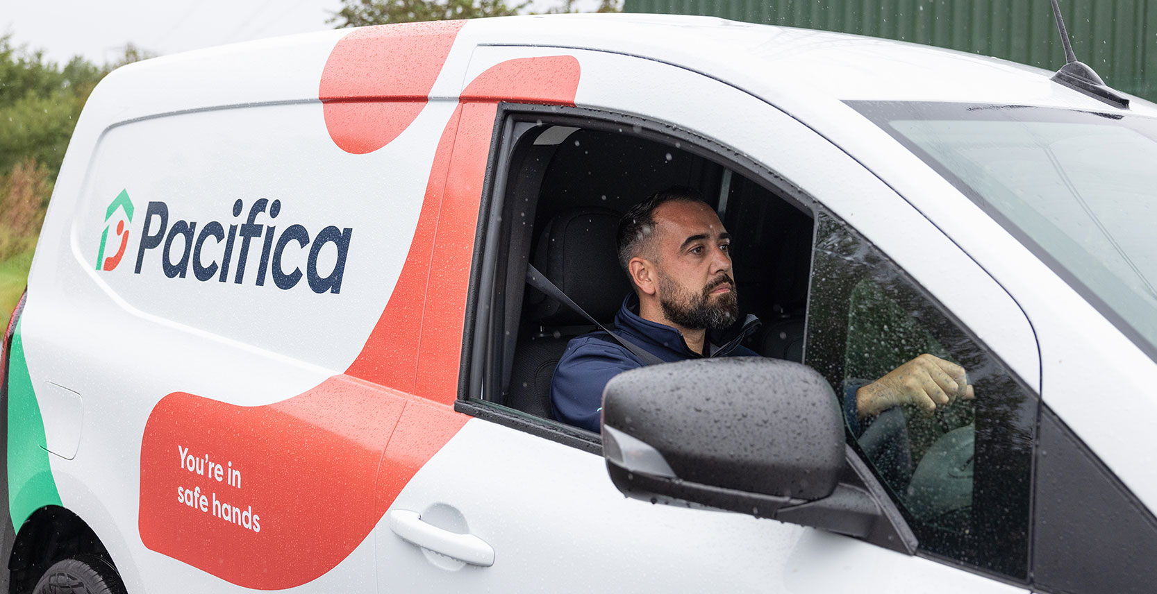 Pacifica engineer driving Pacifica-branded van